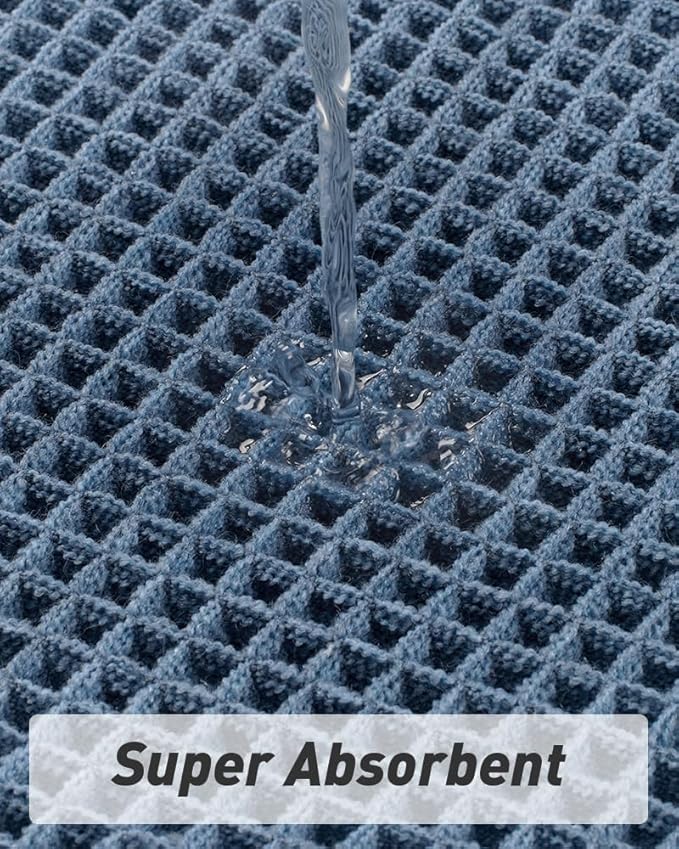 AMOAMI Upgraded Waffle Bath Mat, Super Absorbent Non Slip Bath Mats for Bathroom Floor, Machine Washable Bathroom Rugs with Tassels, Rubber Backed Bathroom Mats, Ultra Soft, 17" x 24", Blue