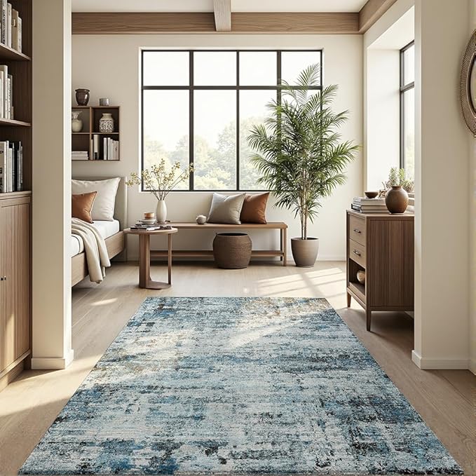 Area Rug 8x10 Washable Rug Blue for Living Room, Dining Room, Bedroom, Large Carpets, Non Slip & Non-Shedding Low Pile Vintage Print Rug for Home Office Decor