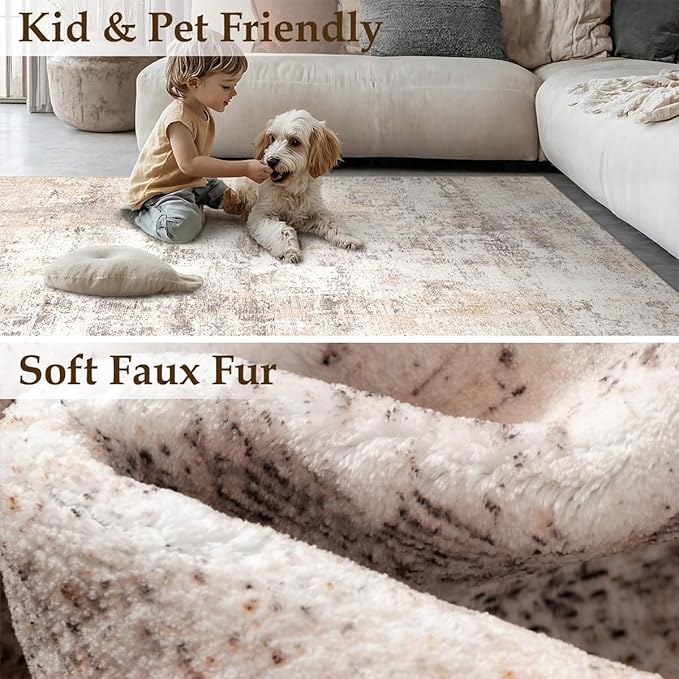 5x7 Washable Area Rug Beige Grey Abstract Living Room Bedroom Throw Rug Neutral Modern Non Slip Soft Medium Pile Indoor Carpet for Dining Room Office Entryway