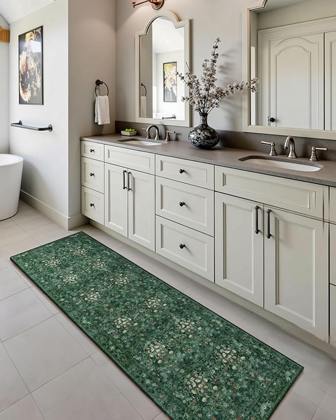 Boho Green Long Hallway Runner Rug 2x6 Washable, Farmhouse Floral Botanical Non Skid Kitchen Floor Mat - Vintage Soft Throw Rug for Bathroom, Indoor Entrance, Foyer, Bedroom Bedside, Laundry