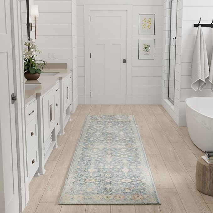 Nourison Home Astra Machine Washable Teal Beige 2' x 6' Area Rug Easy Clean, Non Shedding, Bed Room, Living Room, Dining Room, Kitchen (6' Runner)