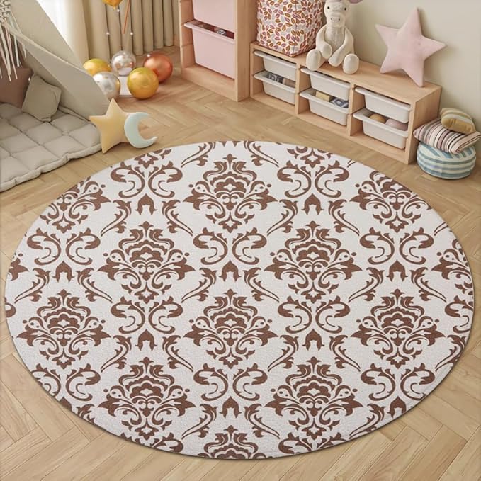 Oriental Tribal Floral Round Rug Vintage Brown Pattern Area Rug Washable Soft Non-Slip Floor Carpet Low Pile Accent Rugs for Entryway Living Room Dining Room Bedroom Home Office 4ft