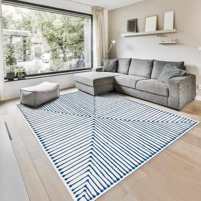 GLN Rugs Contemporary Collection - Machine Washable Area Rug, Contemporary Washable, Non Slip, Low Pile Chenille Rug, Living Room, Bedroom, Kitchen Rug (5' x 7' Blue Ivory)