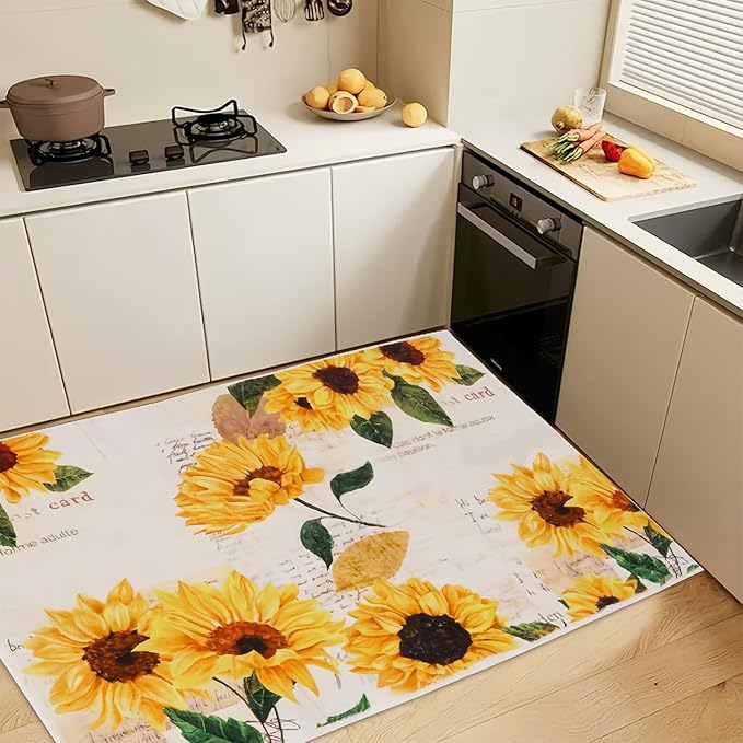 Sunflower Area Rug, 3' x 5' Non-Slip Washable Bedroom Rug, Small Indoor Vintage Oil Painting Artwork Rugs for Living Room Dining Table Entryway Bathroom Living Room Office Carpet