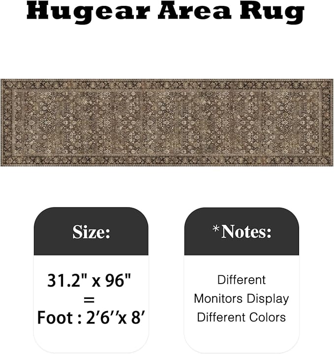 HUGEAR 2'6''x8 Runner Rug Machine Washable Brown Hallway Area Rug Indoor Accent Rugs Floral Low Pile Carpet Soft Throw Rugs Bedroom Living Room Office Dining Kitchen Laundry Non Slip