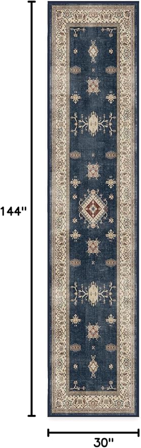 RUGGABLE Washable Vintage Runner Rug – Verena Sapphire 2.5x12, Stain-Resistant, Non-Slip Hallway Runner – Machine Washable Rug for Hallway, Entryway, Living Room & Kitchen–with Standard Pad