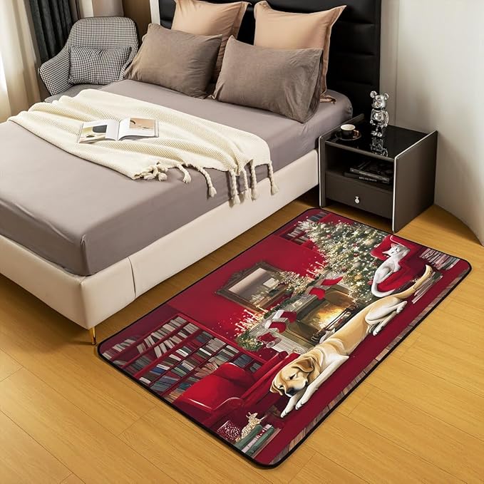 Merry Christmas Area Rug 3x5 Puppy Christmas Tree Rugs for Living Room | Little Cat Pup Dog Washable Rug, Cute Pet Animal Golden Retrievers Carpet Indoor Floor Mat