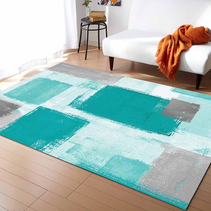 Teal Green Rectangular Area Rugs for Living Room Bedroom 5 x 8 ft Abstract Paint Texture Modern Art Non-Shedding Soft Low Pile Rug Non Slip Washable Rug for Nursery Entryway Playroom