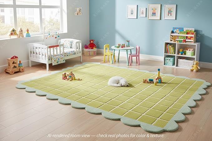 Checkered Wool Area Rug with Scalloped Border, Chartreuse Green & Cream Grid, Hand-Tufted, Soft Cut Pile, Modern Cottagecore Living Room, Bedroom & Nursery Carpet - 2x3 Ft