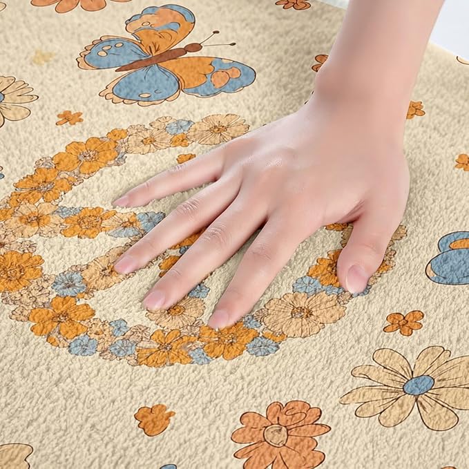 Erosebridal Groovy Party Decorations Bathroom Rugs for Girls Women Peace Sign Decor Bath Mat Hippie Butterfly Non Slip Bath Rugs Cute Kawaii Florals Fluffy Plush Rugs 20x32 Honey Bee Gifts for Kids
