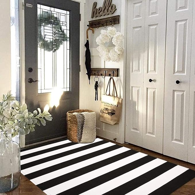 KOZYFLY Black and White Striped Area Rug 3x5 Ft Front Door Rug Hand Woven Cotton Washable Outdoor Doormats Outdoor Entrance Mat for Front Door Kitchen Entryway Patio Front Porch Decor