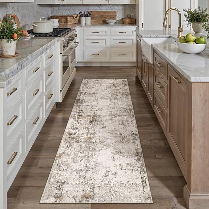 2x7 Washable Runner Rug Brown Grey Abstract Hallway Kitchen Throw Rug Neutral Modern Non Slip Soft Low Pile Carpet for Bathroom Laundry Bedroom Living Room