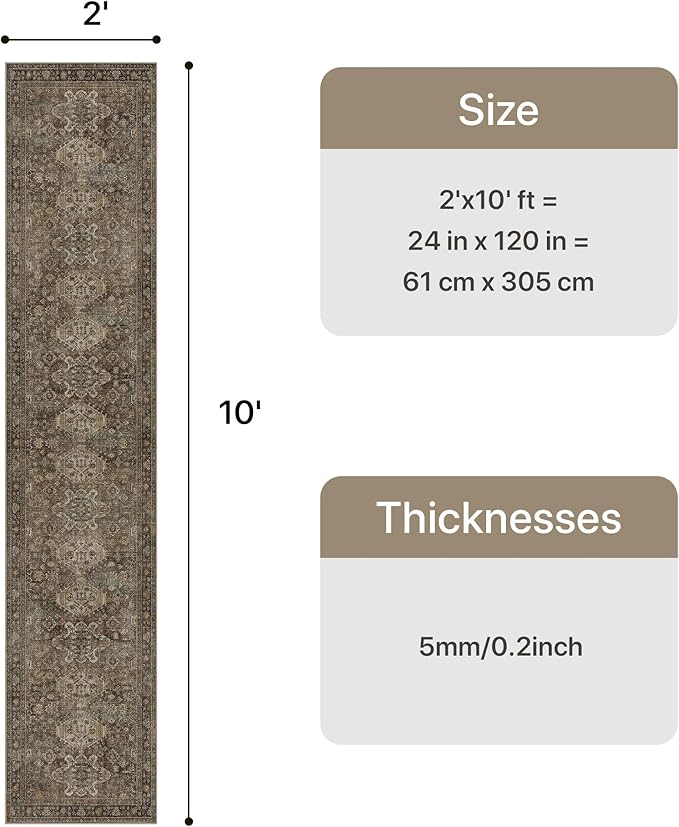 Bavni Washable Runners for Hallways 2X10, Ultra-Thin Non Slip Long Runner Rug, Print Vintage Aesthetic Carpet Runner, Low Pile Rugs for Kitchen Porch Bedroom, Brown