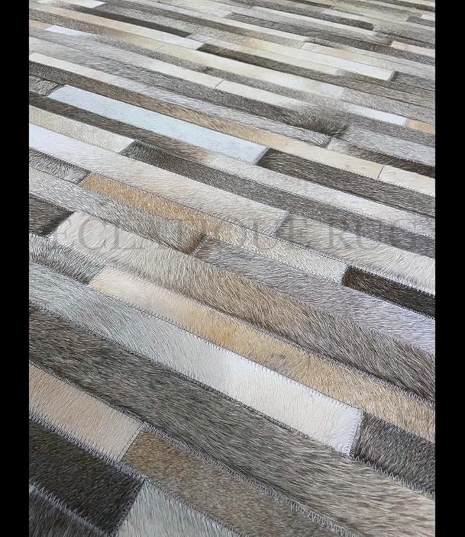 Cowhide Leather Rug for Living Room 8x10, Modern Stripes Style Floor Carpet, Dark Grey Area Rug for Home Decor