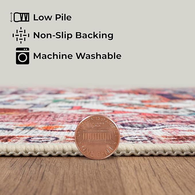 GLN Rugs Traditional Collection - Machine Washable Area Rug, Traditional Washable, Non Slip, Low Pile Chenille Rug, Living Room, Bedroom, Kitchen Rug (9' x 12' Pink/Multicolor)