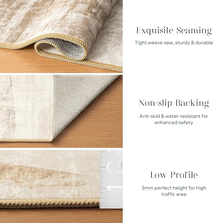 Phantoscope Washable Area Rug 5'x7' Non-Slip, Modern Neutral Boho Rugs for Living Room, Bedroom, Dining Room, Distressed Geometric Dune Pattern, Low-Pile Foldable Floor Carpet, Linen Beige/Taupe