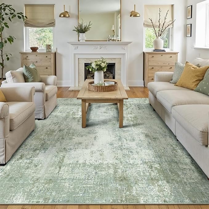 9x12 Washable Area Rug Sage Green Abstract Living Room Bedroom Carpet Neutral Modern Non-Slip Soft Low Pile Lightweight Vacuumable Large Throw Rug for Dining Room