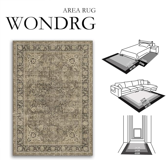 6x9 Washable Brown Area Rug Vintage Living Room Bedroom Carpet Non-Slip Soft Low Pile Distressed Indoor Throw Rug for Dining Room Entryway Office
