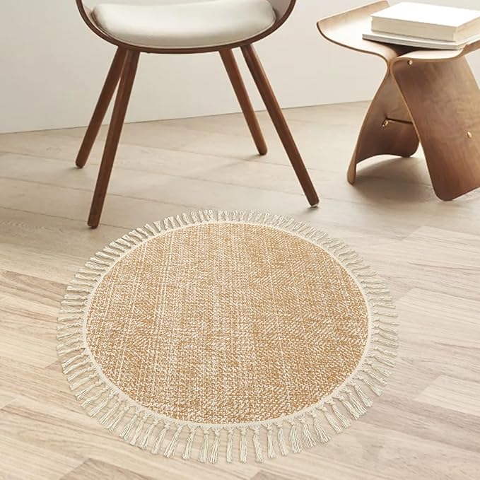 Collive Hand Woven Round Area Rug Soft Cotton Machine Washable Carpet 3ft Farmhouse Rugs with Tassels, Tan/Cream Circle Rugs for Bedroom Living Room Dining Room Table Office