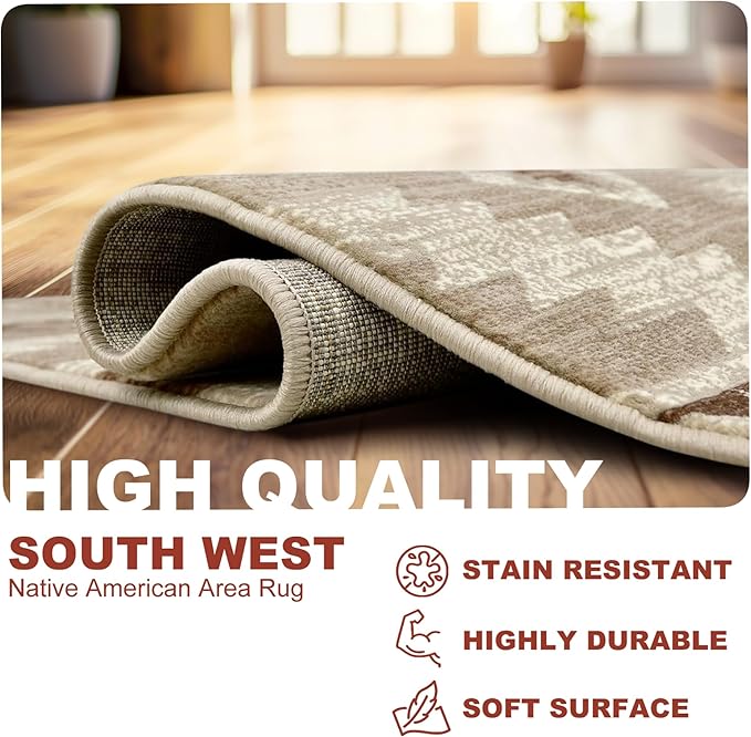 YHSF South West Native American Rug Ritz – Native Tribal American Indian Inspired Rug - Living Room, Bedroom, Hallway, Entryway & High-Traffic Area Rugs - Washable - Soft - Mocha, 2 Feet x 7 Feet