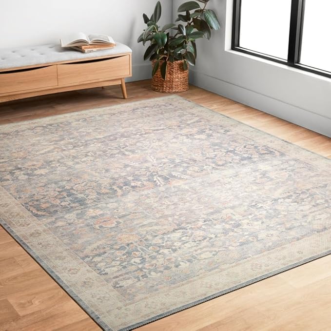 Loloi Hathaway Collection HTH-02 Denim/Multi 7'-6" x 9'-6", .25" Thick Area Rug, Soft, Durable, Printed, Modern, Low Pile, Non-Shedding, Easy Clean, Living Room Rug