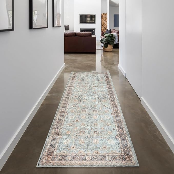 GLN Rugs Traditional Collection - Machine Washable Area Rug, Traditional Washable, Non Slip, Low Pile Chenille Rug, Living Room, Bedroom, Kitchen Rug (2'6" x 10' Light Blue)