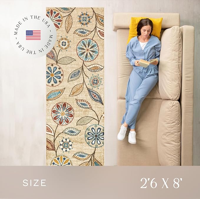 Maples Rugs Reggie Floral Runner Rug - Made in USA - Washable, Non Slip Indoor Carpet for Kitchen, Hallway, and Laundry Room, 2'6" x 8', Beige