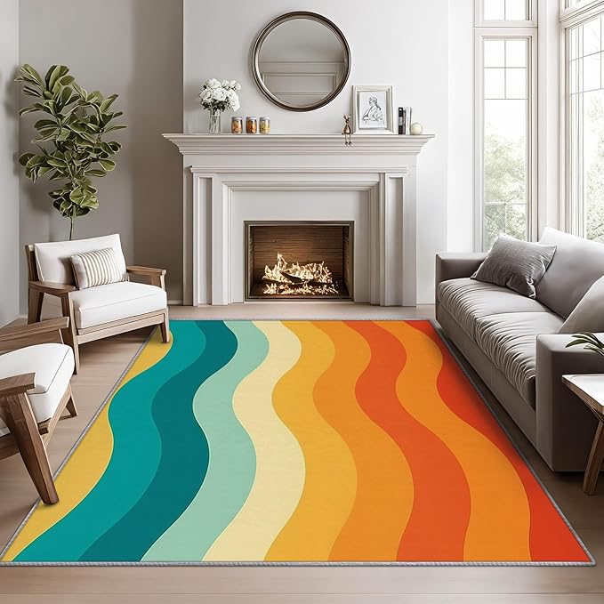 70s Rugs for Bedroom - 8x10 Area Rugs, Retro 70s Living Room Rug, Vintage Abstract Wave Rug for Bedroom, Colorful Groovy Washable Carpet, Retro Swirl Striped Home Decor & Gifts