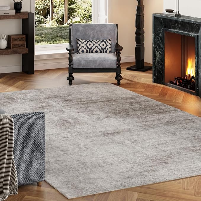 Area Rug 4x6 Washable Rug Beige for Living Room, Dining Room, Bedroom, Large Carpets, Non Slip & Non-Shedding Low Pile Vintage Print Rug for Home Office Decor