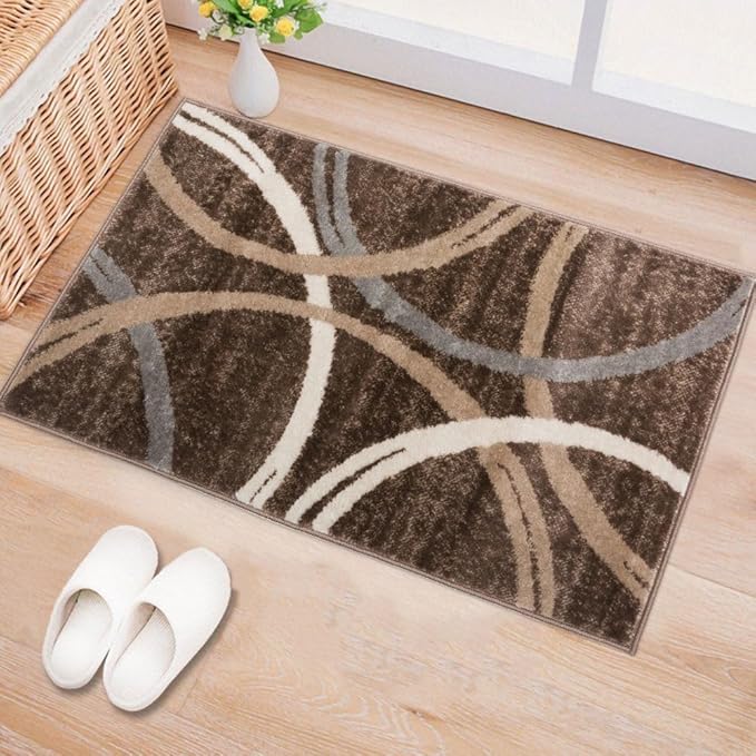 Rugshop Modern Wavy Circles Design Accent Rug, Fade-Resistant Carpet for Entryway, Bathroom, or Small Spaces, Brown, 2'7" x 4'