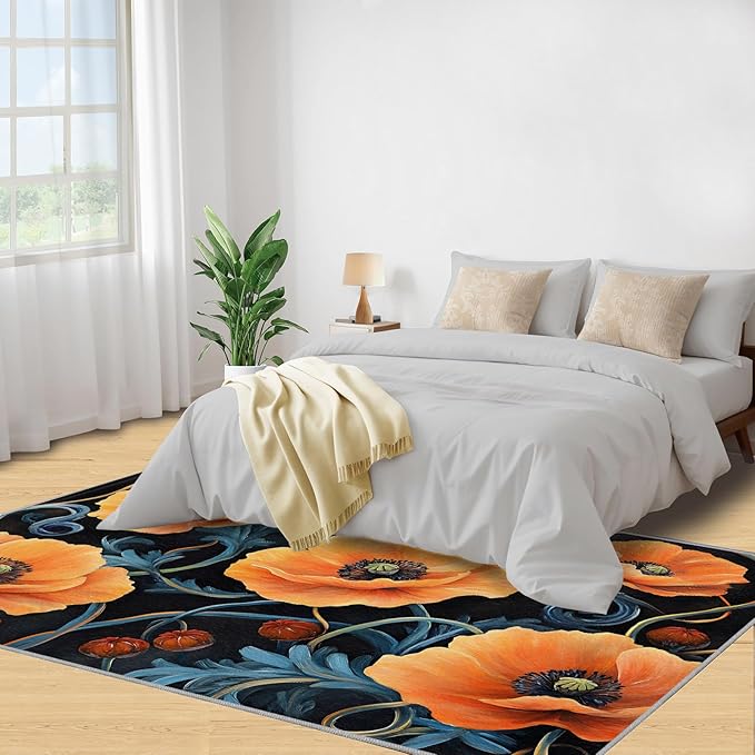 5x6 Poppy Rugs for Office - Retro Florals Art Living Room Carpet, Rustic Flowers Art Bedroom Area Rug Kids Low Pile Rug for Indoor Outdoor Hardwood Floors Home Decor