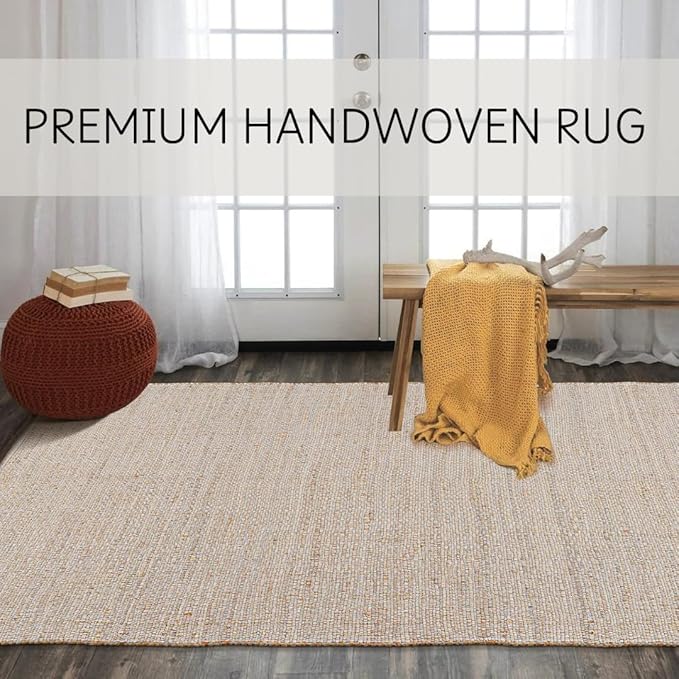 Hand Woven Jute Cotton Area Rug 5'x8' ft Rectangle Natural Farmhouse Rug for Living Room, Bedroom Kitchen - Rustic Vintage Bohemian Eco-Friendly Carpet Home Décor 60"x96" Natural