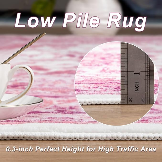 Bright Pink Area Rug for Girls Bedroom, 4x6 Machine Washable Rugs with Non-Slip Backing for Living Room, Cute Vintage Carpet for Kitchen Laundry Kids Room