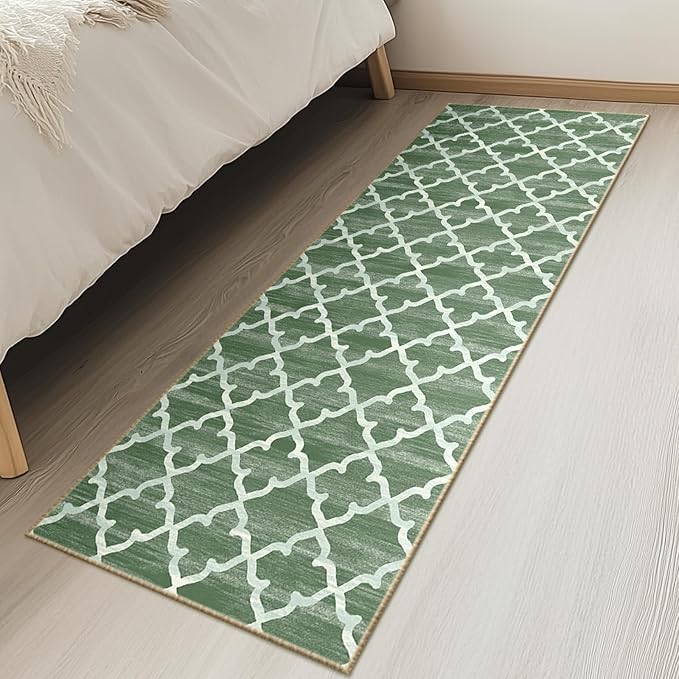 Area Rug 2x6, Moroccan Trellis Print Carpet, Machine Washable Non-Slip Rugs for Living Room, Bedroom, Dining Room & Entryway, Green