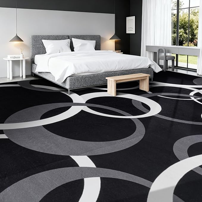 YIHOUSE 9x12 Ft Area Rugs, Concentric Circle Carpet Washable Rug, Black and White Geometric Design Rug for Extra Large Living Rooms, Great Rooms, Commercial Spaces Office Decor, Nonslip Non-Shedding