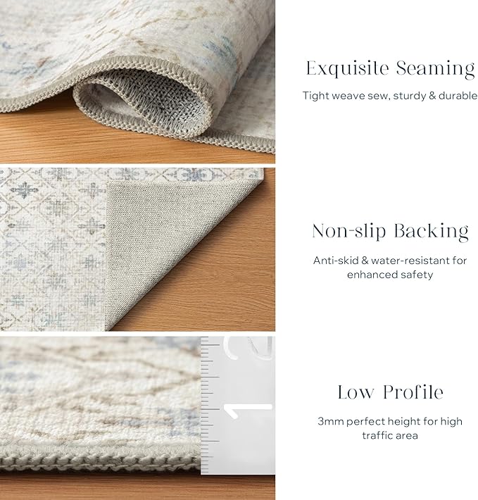 Phantoscope Washable Area Rug 6'x9' Non-Slip, Vintage Modern Boho Rugs for Living Room, Bedroom, Dining Room, Distressed Geometric Floral Pattern, Low-Pile Foldable Floor Carpet, Teal Floral/Beige