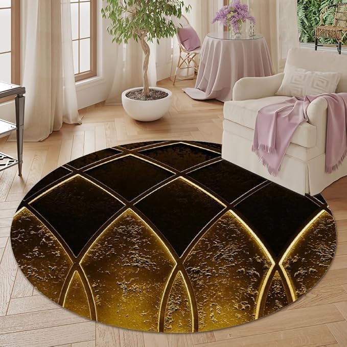 Luxury Black Gold Round Rug Vintage Golden Texture Living Room Circle Area Rugs 7ft Washable Soft Non Slip Low Pile Indoor Floor Carpet for Bedroom Office Kitchen Coffee Table