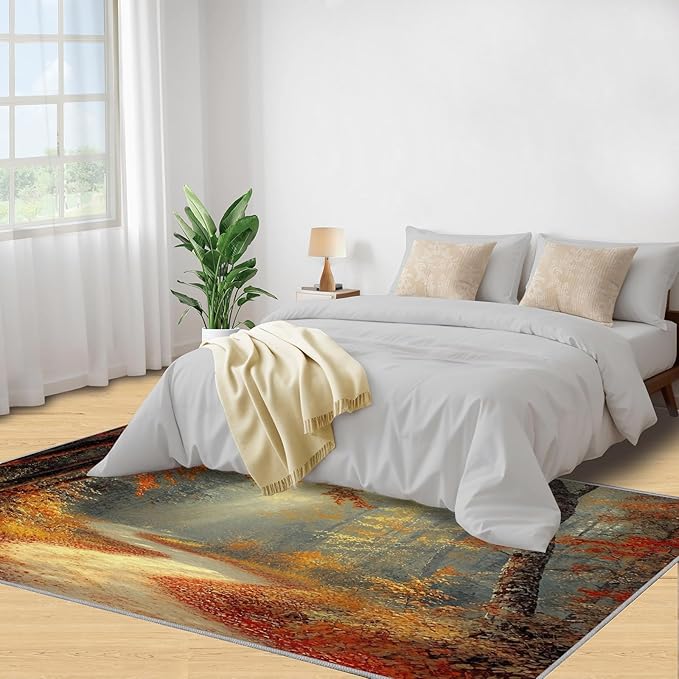5x7 Autumn Forest Rugs for Bedroom - Natural Landscape Print Rug, Forest Path Rug Non Slip Soft Rugs for Living Room Hardwood Floors Teen Room