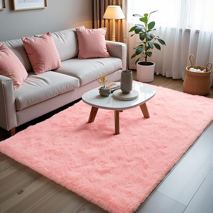 Zentavio Pink Rugs for Girls Room 3x5 Area Rugs for Living Room Small Carpet for Bedroom Cute Washable Soft Fluffy Shag Aesthetic Plush High Pile Throw Rug for Nursery Kids Room Dorm Room