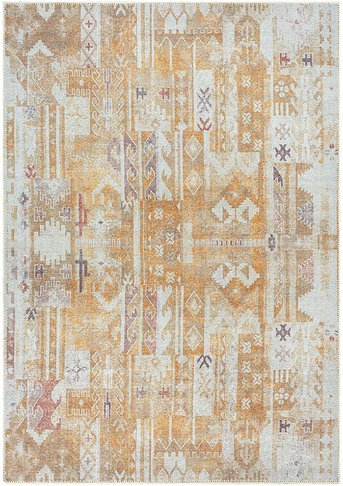 GLN Rugs Traditional Collection - Machine Washable Area Rug, Traditional Washable, Non Slip, Low Pile Chenille Rug, Living Room, Bedroom, Kitchen Rug (9' x 12' Sand/Light Gray)