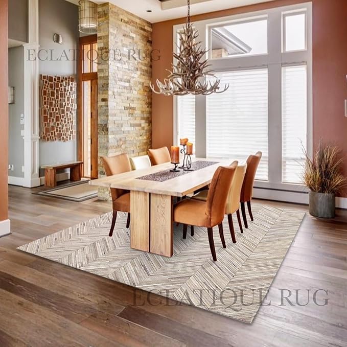 Elegant Rectangular Rug Cowhide Leather Stylish Non Slip Chevron Patchwork Area Rug for Living Room and Entryway Floor Carpet (Beige-5 x 8 ft)