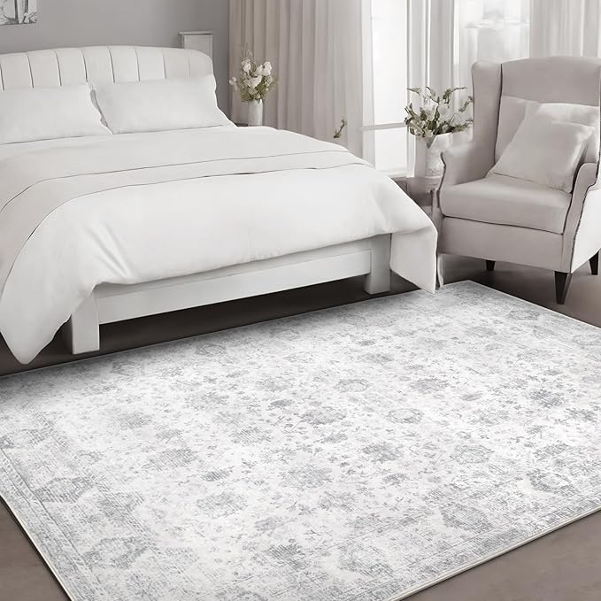 Washable 5×7 Area Rug for Living Room, Vintage Floral Rug Soft Non Slip Stain Resistant Boho Carpet for Bedroom Dinning Room Kitchen Home Office Grey