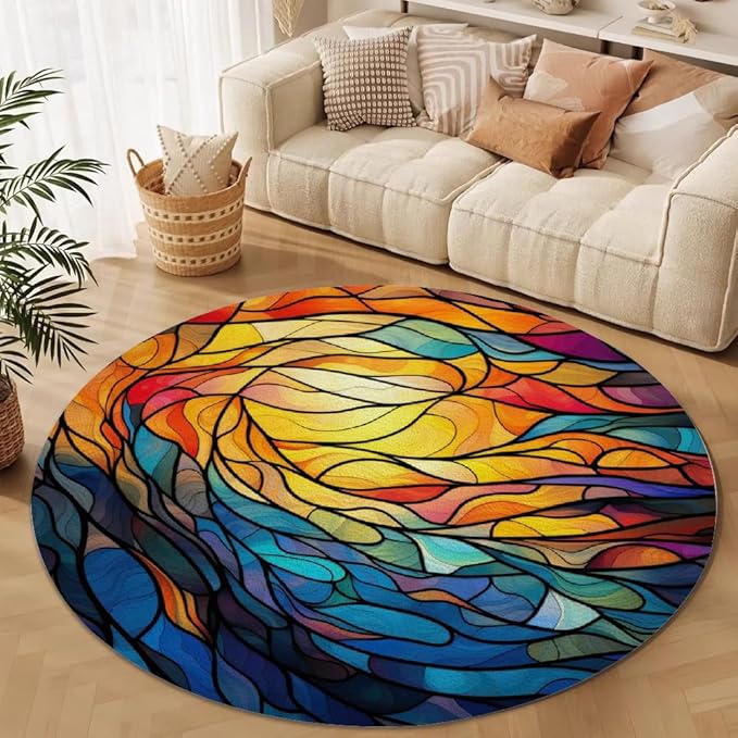 Abstract Colorful Pattern Round Rug Vintage Church Glass Area Rug Washable Soft Non-Slip Floor Carpet Low Pile Accent Rugs for Entryway Living Room Dining Room Bedroom Home Office 5ft