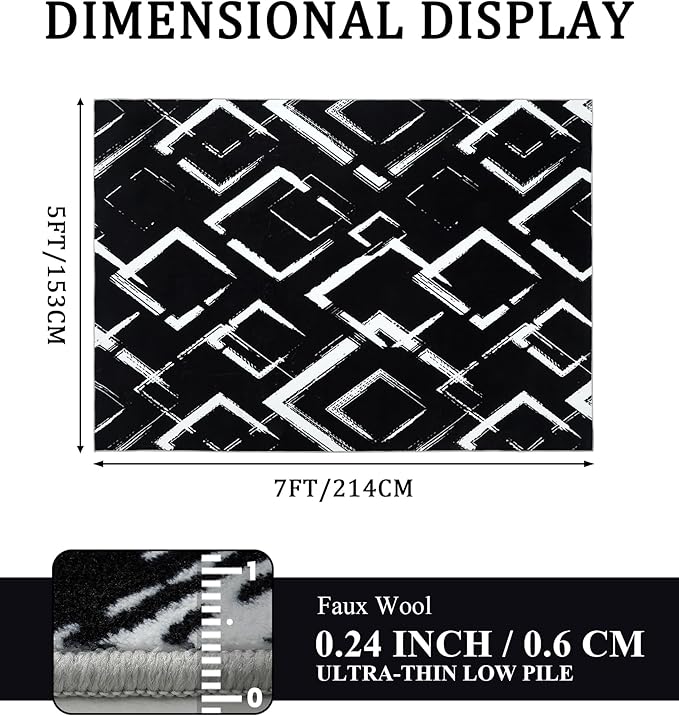 YIHOUSE Black Modern Geometric Area Rug 5x7, Black and White Rug with Abstract Diamond Patterns,Non-Shedding Washable Rugs for Bedroom, Home Office and Small Living Room
