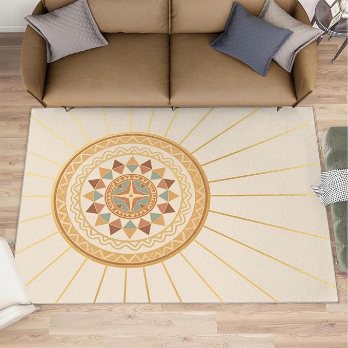 Boho Sun Area Rugs 4x5ft, Minimalist Line Kids Play Rug, Geometric Solar Throw Rugs Bedroom Fluffie Soft for Coffee Shop Living Room Under Table Game Room