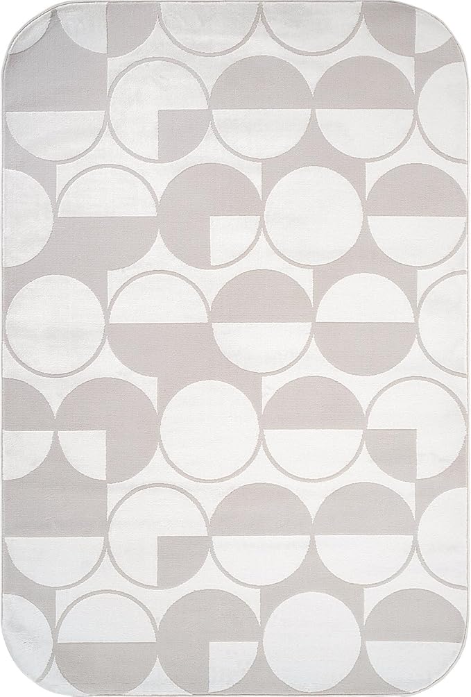 Beverly Rug Modern Geometric Area Rug 8x10 Low-High Pile Durable Soft Abstract Circular Indoor Rugs for Living Dining Room Office Stain Resistant Non Shedding Casual Indoor Carpet Beige White 8 x 10