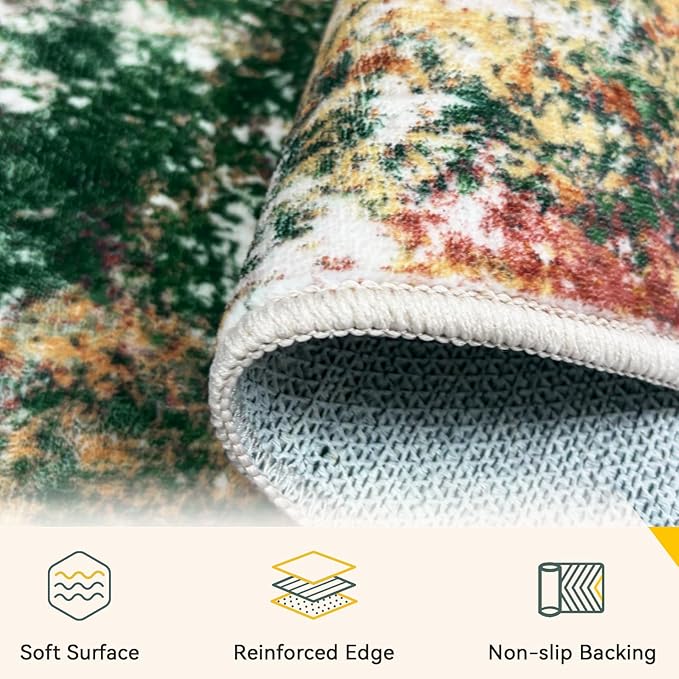 Washable Area Rugs 7'x9' Non-Slip Modern Abstract Soft for Living Room Entryway Bedroom Nursery, Print Pattern, Green Orange Rust Red Cream Colorful