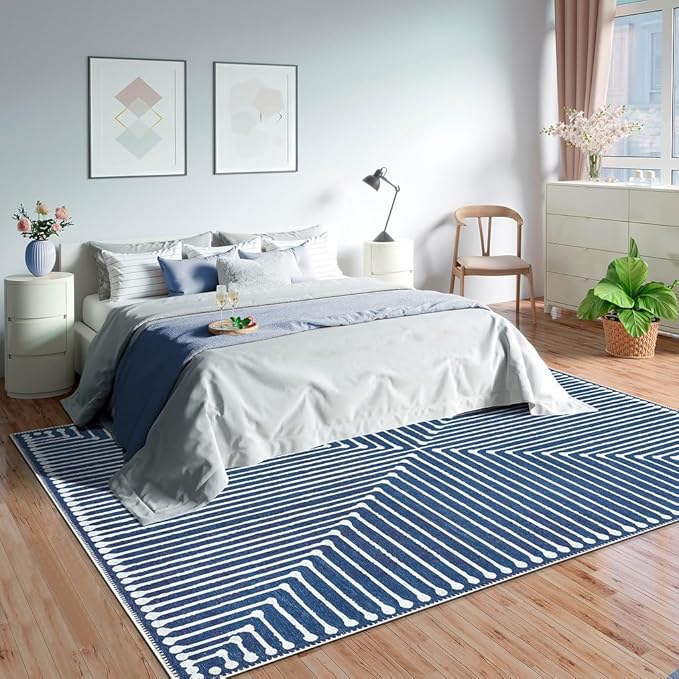 GLN Rugs Contemporary Collection - Machine Washable Area Rug, Contemporary Washable, Non Slip, Low Pile Chenille Rug, Living Room, Bedroom, Kitchen Rug (9' x 12' Lines Blue)