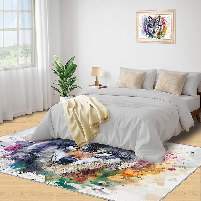 Wolf Rugs for Bedroom - 6x9 Area Rug - Graffiti Wolf Rugs for Living Room, Abstract 3D Animal Graffiti Rug, Washable Home Decor Carpet