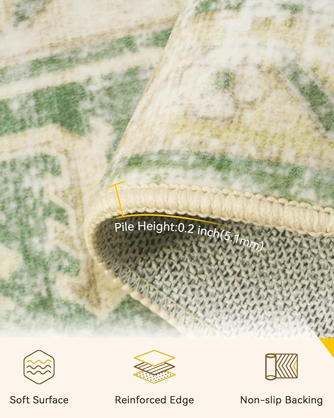 Area Rugs 5'x8' Washable Non-Slip, Floral Vintage Distress Print Pattern Medallion Carpet for Living Room Bedroom Dining Room, Sage Green Yellow